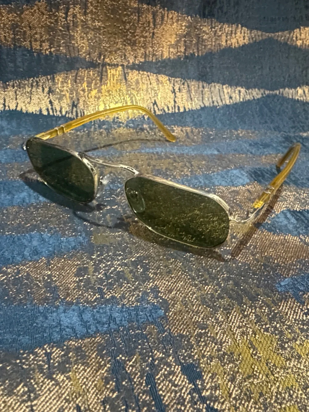 Persol Silver Frame Sunglasses with Green Lenses and Yellow Temples